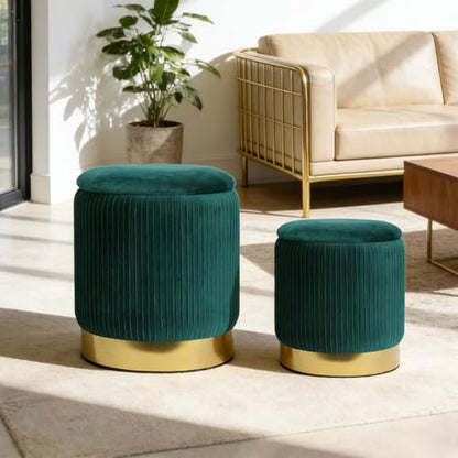 YYW HOME Round Ottoman with Storage Set of 2 Green Velvet Vanity Stool | Removable Lid, Gold and Green Ottoman,Hidden Storage Stool, Small Coffee Table for Living Room,Nest Packing, Assembly Free - color: Green