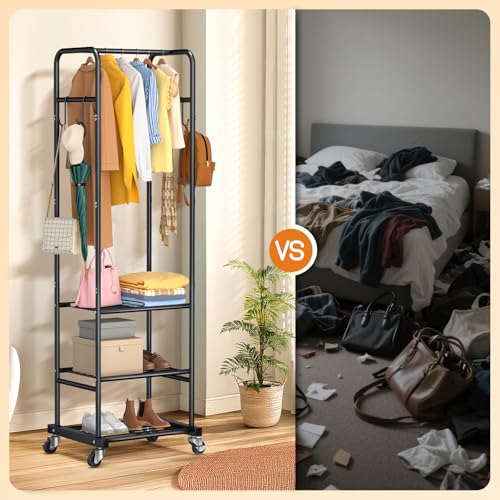 Clothes Rack with Wheels, Freestanding Garment Rack with 3 Metal Shelves for Hanging Clothes, Portable Hanging Rod for Small Room, Bedroom, Bathroom (Black)