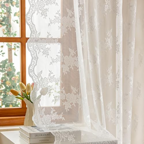 Short Lace Curtains 45 Inches Long Floral Vintage Sheer Curtains | Victorian Curtains for Small Windows Rod Pocket French Elegant Light Filtering Drapes, 50"W Each Panel, 2 Panels, White - color: White, size: 50"W x 45"L (Pack of 2)