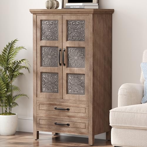 HOMPUS 48'' Tall Farmhouse Accent Cabinet with Doors, Modern Wood Storage Cabinet, Sideboard Buffet Cabinet with 2 Drawers & Shelves for Living Room, Entryway, Dining Room, Natural Wood - size: 27'' (2 Drawers & 2 Doors)