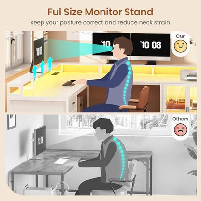 SEDETA L Shaped Gaming Desk with 4 Drawers, 109” Computer Desk with Display Cabinet, Home Office Desks with 2 Monitor Stands, CPU Stand, LED Lights and Power Outlet, White - color: White