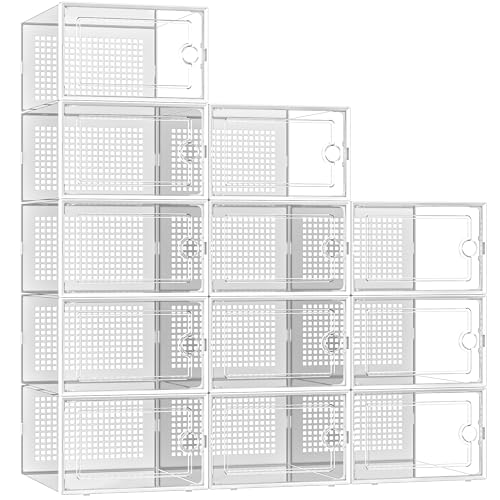 Kuject X-Large Shoe Storage Boxes 12 Pack, Clear Stackable Shoe Organizer | Shoe Case for Closet, Entryway & Under-Bed Storage, Drop-Front Design, Space-Saving Solution for Family Organization,White - color: White, size: X-Large