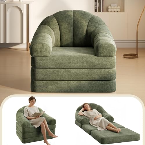 Yaheetech 93" Folding Sofa Bed Convertible Sofa Chenille, Green | Foldable Sofa Bed Convertible Chair Sleeper Chenille Couch with Handle, U-Shape Support for Living Room, Bedroom, Apartment - color: Green