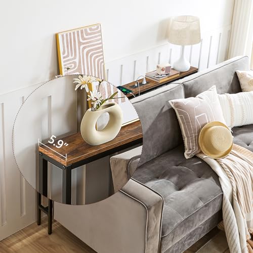 MAHANCRIS 55.1 Skinny Console Table with Power Outlets, 5.9" Slim Sofa Table Behind Couch, Long Entryway Tables, Narrow Sofa Hallway Table, Living Room CTHR145E01 - size: 5.9"D x 55.1"W x 31.7"H