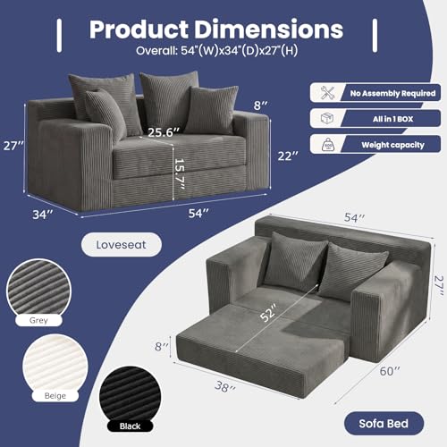 3-in-1 Convertible Sofa Bed: Boneless Loveseat Sleeper & Folding Couch Bed with 4 Pillows & Detachable Cushion for Bedroom, Small Space, Guest and Living Room, Corduroy Futon, No Assembly,Grey