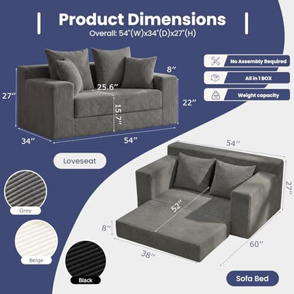 3-in-1 Convertible Sofa Bed: Boneless Loveseat Sleeper & Folding Couch Bed with 4 Pillows & Detachable Cushion for Bedroom, Small Space, Guest and Living Room, Corduroy Futon, No Assembly,Grey