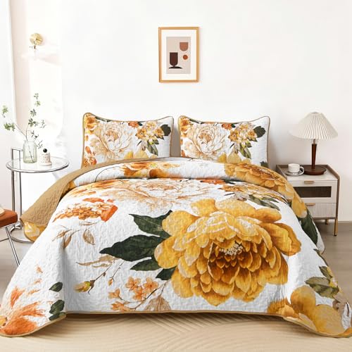 WONGS BEDDING Floral Quilt Set Yellow Queen,Quilted Printed Lightweight Bedspread Bedding Set for All Season,3 Pieces Reversible Botanical Plant Coverlet Set with 2 Pillow Shams - color: Yellow, size: Queen 90"×96"