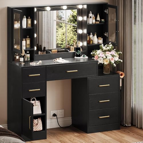 TOKSOM Makeup Vanity Desk with Mirror and Lights, 51" Makeup Vanity with Lights & Charging Station, Dressing Table Vanity Set for Bedroom, Vanity Table with 6 Drawers and 3 Cabinet Black - size: 51 inch, style: Modern Black