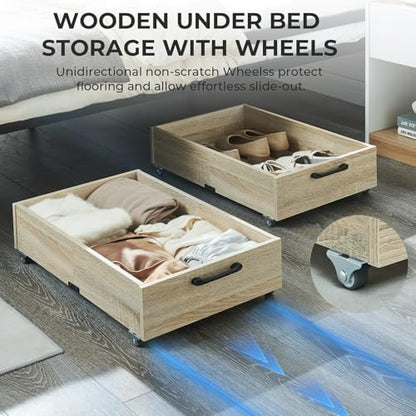 2-Pack Under Bed Storage Drawers Organizer with Wheels, Oak | 58L total capacity, 80 lb per Drawer, Fits 6 in Bed Clearance, Rolling Drawers for Shoes, Clothes, Linens, Toys - color: Oak
