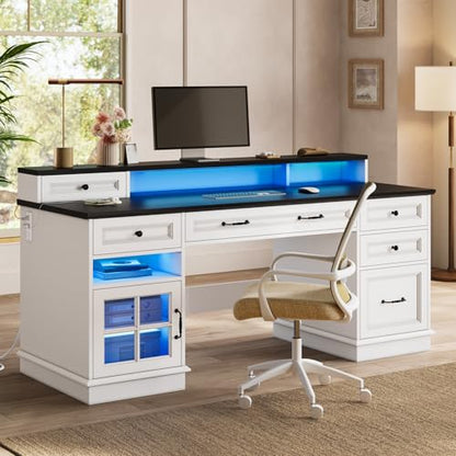 HAUOMS Farmhouse Executive Desk Computer Desk with Drawers, White | Executive Office Desk with File Drawers, Power Outlet, Led Lights, Storage Cabinet and Monitor Shelf for Home Office - color: White