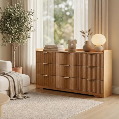Modern Fluted 9 Drawer Dresser for Bedroom, 57"W x 26"H, Natural Oak | Wooden chest of drawers with metal handles, smooth-gliding drawers, anti-drop panels and anti-tip kit for hallway or entryway - size: 15.6"D x 57.9"W x 26.8"H (9 Drawers)