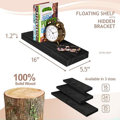 Sorbus 16" Solid Wood Floating Shelves - Set of 2 Black Wall Mounted Kitchen Shelves - Durable Pine Wood - color: Black, size: 16"