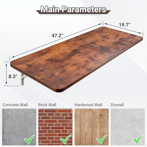 Neoaider Wall Mounted Folding Table 47.2”L x 19.7”W, Brown | Laundry Folding Table with Heavy Duty Metal Collapsible Shelf Brackets, Wall Mounted Desk Fold Down for Small Spaces - color: Brown, size: 47.2" x 19.7"