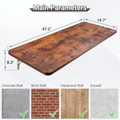Neoaider Wall Mounted Folding Table 47.2”L x 19.7”W, Brown | Laundry Folding Table with Heavy Duty Metal Collapsible Shelf Brackets, Wall Mounted Desk Fold Down for Small Spaces - color: Brown, size: 47.2" x 19.7"