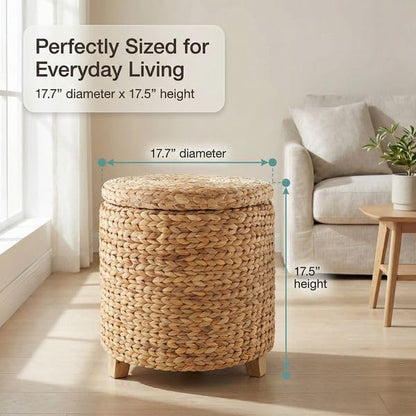DEILSY™ Round Ottoman with Storage Water Hyacinth Wicker Ottoman with Lid | Handwoven round storage ottoman, wicker ottoman with lid, ideal as extra seating, blanket storage and home organization