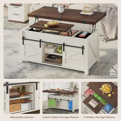 Lift Top Coffee Table for Living Room with 4 Sliding Barn Doors, 4 in 1 Farmhouse Coffee Table with Adjustable Shelves and Hidden Storage Compartment, Converts to Dining Table (Brown White)