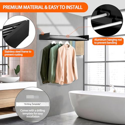 Laundry Drying Rack Wall Mounted Clothes Drying Rack Black,31.5" | Collapsible Drying Rack With 5 Aluminum Rods and Drilling Template Long Screwdriver Bit 60 lbs Capacity - color: Black, size: 31.5"