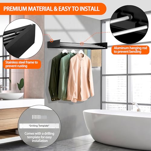 Laundry Drying Rack Wall Mounted Clothes Drying Rack Collapsible with 5 Aluminum Rods and Drilling Template Long Screwdriver Bit 60 lbs Capacity (Black, 40") - color: Black, size: 40"