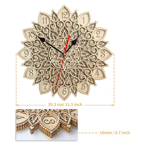 12-Inch 3D Mandala Wall Clock, Silent Non-Ticking Decorative Wooden Clock for Living Room, Boho Wall Art & Modern Farmhouse Home Decor, Unique Housewarming Gift for Bedroom or Office