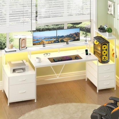 63" Computer Desk with Drawers, Storage Shelves and Printer Stand | White Gaming Desk with Monitor Stand and LED Lights, Reversible Home Office Desk with Printer Shelf - color: White