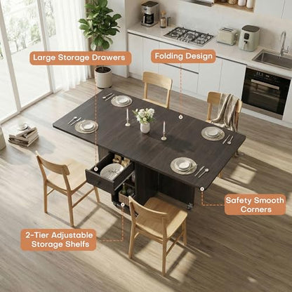 Jocoevol Space Saving Folding Dining Table for 4, Foldable Dining Table with Drawer and Storage Shelf, 6 Wheels Drop Leaf Kitchen Dining Room Table for Small Space (Walnut, 47.2" x 23.6" x 29.9") - color: Black Walnut