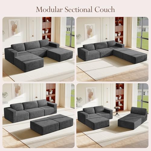 Vesgantti 119" Oversized U-Shaped Modular Sectional Sofa, Corduroy Cloud Couch with Deep Seating & Spring Support, Convertible Sofa with 2 Ottomans, Boneless Couch, No Assembly Required, Grey - color: 119" - 3 Seater & 2 Ottoman Grey