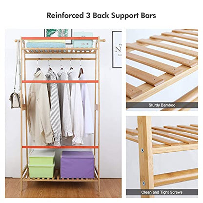 Ufine Bamboo Clothes Hanging Rack with 2 Tier Storage Shelves, 2 Coat Hooks | Portable Laundry Rack Closet Organizer Garment Rack for Bedroom Guest Room - size: 2 Tier