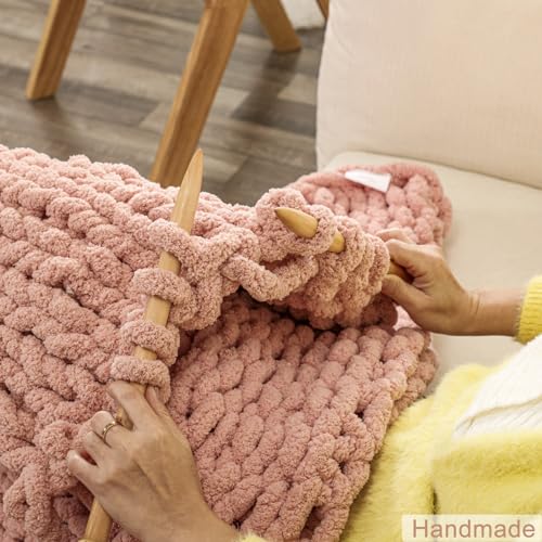 WESHIONGOO Chunky Knit Blanket Throw for Couch Bed 40"×40" Pink | 100% Handmade Knitted Throw blankets Fluffy Soft Blanket With Jumbo Chenille Yarn Thick - color: Pink, size: 40"x40"(Small Size Throw)