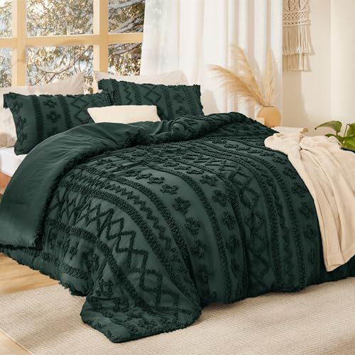 Bedsure Tufted Boho Comforter Set Twin Size - Dark Green Boho Bed Set, GentleSoft™ 2 Pieces Farmhouse-Style Embroidery Bedding, Gifts for Woman, Soft Jacquard Kids' Twin Comforter for All Seasons - color: 15 - Dark Green - Elegant, size: Twin/Twin XL
