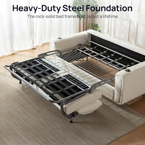 Pull Out Sofa Bed, No Cushion Removal, Queen Sleeper Sofa with USB Fast Charging, Memory Form Mattress, 2-in-1 Convertible Comfy Loveseat Couch Bed for RV, Apartment, and Small Spaces (White)