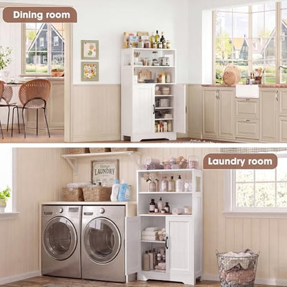 GRUSIGN 43.3" H Bathroom Storage Cabinet with Doors, Freestanding Small Bathroom Cabinet Organizer, Farmhouse Cupboard, Adjustable Shelves, for Laundry Room, Kitchen, Living Room, White - size: 43"H with Door