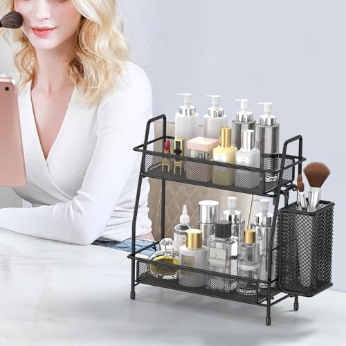2-Tier Bathroom Countertop Organizer,Skincare, Makeup Countertop Organizers, Kitchen, Bathroom Counter Storage with Small Basket (Black) - color: Black (Size: 7" x 12" x 13", 2-Tier)
