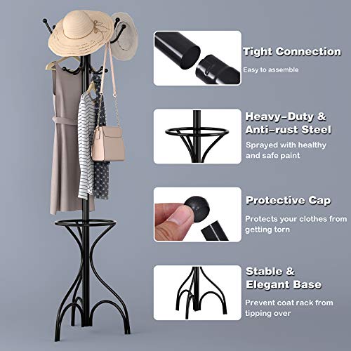 Tangkula Coat Rack Freestanding, 75 Inch Heavy Duty Metal Hanger Stand with Umbrella Holder, Entryway Hat Jacket Hanger with 12 Hooks for Scarf Crutch Bag, Standing Coat Tree Rack (Black)