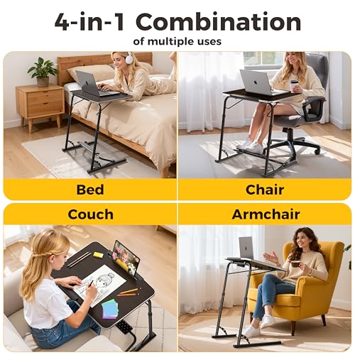Upgraded Folding TV Tray Table, Sturdy Couch & Dinner Laptop Table | Adjustable Height & Angle Portable Desk for Eating, Work & Recliner; Includes Footrest, Cup Holder, iPad Holder, Edge Stopper - color: (Black) - Dark Wood Mahogany