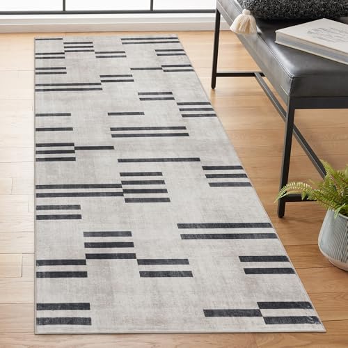 Machine Washable Area Rug Runner - Living Room Bedroom Bathroom Kitchen Entryway Office -Non-Slip Baking Low Pile Stain Resistant Premium - Modern Geometric Loki-Beige & Black 2'6" x 6' - color: Loki - Beige Black, size: 2'6" x 6' (Rectangular)