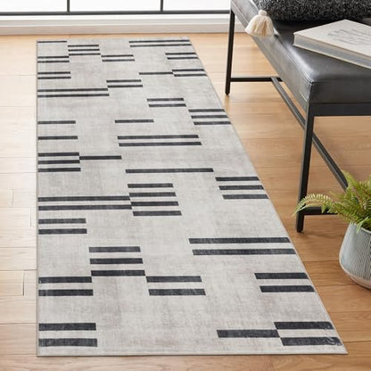 Machine Washable Area Rug Runner - Living Room Bedroom Bathroom Kitchen Entryway Office -Non-Slip Baking Low Pile Stain Resistant Premium - Modern Geometric Loki-Beige & Black 2'6" x 6' - color: Loki - Beige Black, size: 2'6" x 6' (Rectangular)