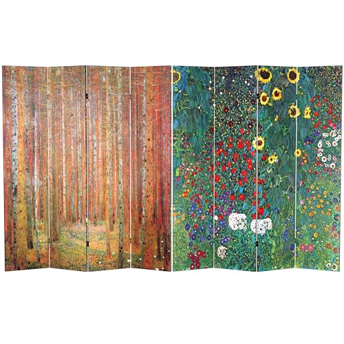 Red Lantern Double Sided Works of Klimt Room Divider - Tannenwald/Farm Garden, 6 Foot - 4 Panel - color: Tannenwald/Farm Garden, size: 6 Foot - 4 Panel
