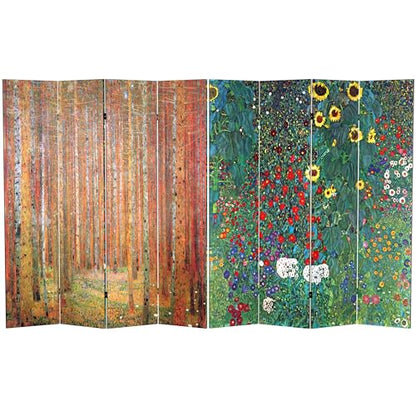 Red Lantern Double Sided Works of Klimt Room Divider - Tannenwald/Farm Garden, 6 Foot - 4 Panel - color: Tannenwald/Farm Garden, size: 6 Foot - 4 Panel