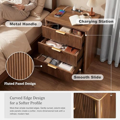 LYNCOHOME 23" Fluted Nightstands Set of 2 with Charging Station, 3 Drawer Bedside Table, Modern Night Stand with Curved Edge, Wooden End Table for Bedroom, Rounded Night Stand with Storage, Walnut - size: 15.7"D x 22.8"W x 24.2"H（3 Drawers）