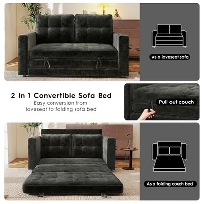 55" Convertible Folding Sofa Bed, Pull Out Couch Love Seat Sleeper Bed, Small Fold Out Loveseat Sleeper with Cup Holder and Pillow for Small Space, Bedroom Lounge, Dorm, Living Room(Black Chenille) - color: Black