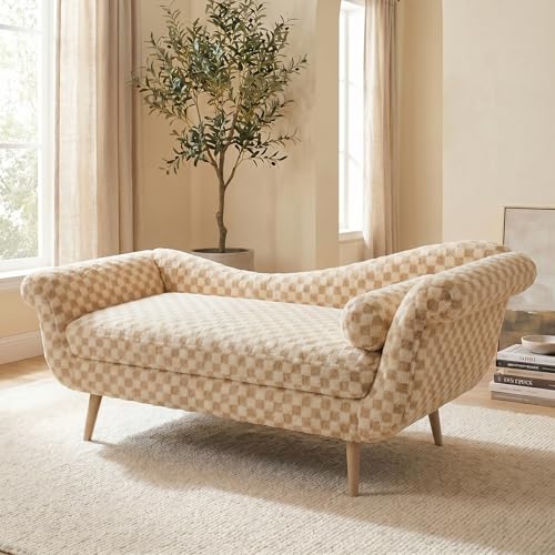 ERYE Upholstered Left Facing Chaise Lounge Chair W/Scroll Arms and Wood Legs, Elegant Chaise Lounge Square Pattern Accent Recliner Lounger Sofa for Living Room Bedroom - color: Pale Camel Faux Fur/L