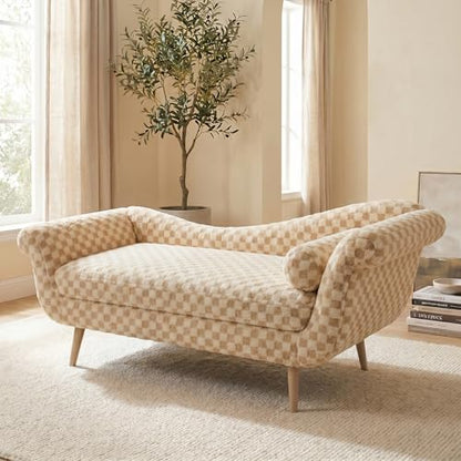 ERYE Upholstered Left Facing Chaise Lounge Chair W/Scroll Arms and Wood Legs, Elegant Chaise Lounge Square Pattern Accent Recliner Lounger Sofa for Living Room Bedroom - color: Pale Camel Faux Fur/L