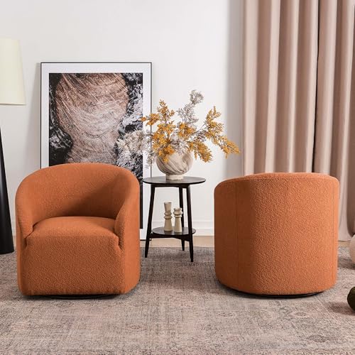 KINWELL 32" Wide Swivel Barrel Chairs Set of 2, Boucle Upholstered Swivel Accent Chairs, Mid-Century 360 Degree Swivel Chairs, No Assembly Round Armchairs for Living Room, Bedroom (Caramel) - color: Caramel, style: Set of 2