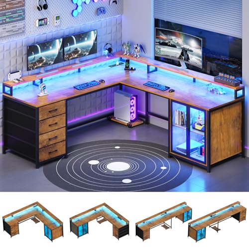 SEDETA L Shaped Gaming Desk with 4 Drawers, 109” Computer Desk with Display Cabinet, Home Office Desks with 2 Monitor Stands, CPU Stand, LED Lights and Power Outlet, Rustic Brown - color: Rustic Brown