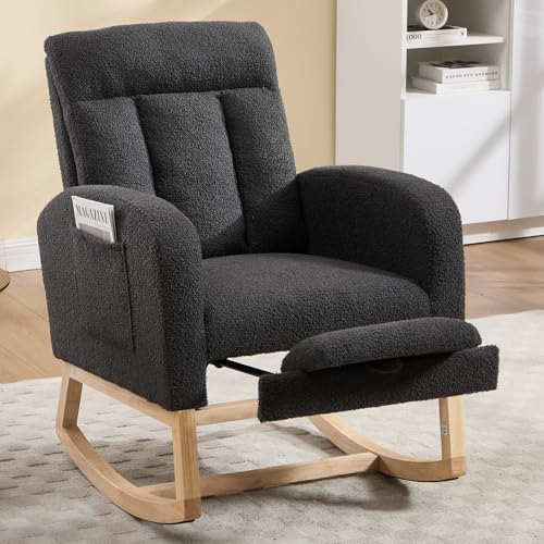 Rocking Chair Nursing, Rocker Chair with Footrest (Dark Grey) | Teddy Boucle Upholstered Accent Reading Chair with High Back & Side Pocket for Living Room Bedroom Nursery Office - color: Dark Grey
