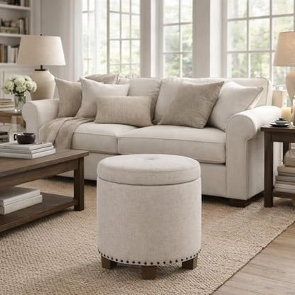 HomePop 18.5" Round Storage Ottoman with Nailheads - Light Brown Fabric - color: Light Brown Fabric