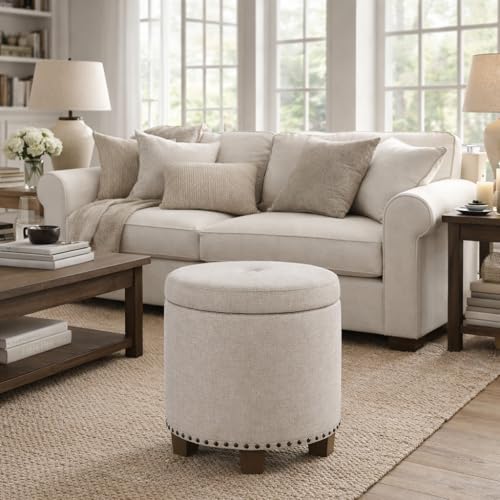 HomePop 18.5" Round Storage Ottoman with Nailheads - Light Brown Fabric - color: Light Brown Fabric
