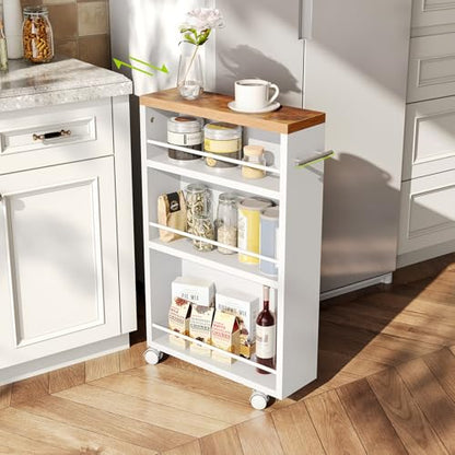 LITTLE TREE 4 Tier Rolling Cart with Wheels, 6.3 Inch Slim Storage Cart, Wooden Snack Cart with Narrow Shelf, White Laundry Room and Bathroom Organizer Shelves - color: White