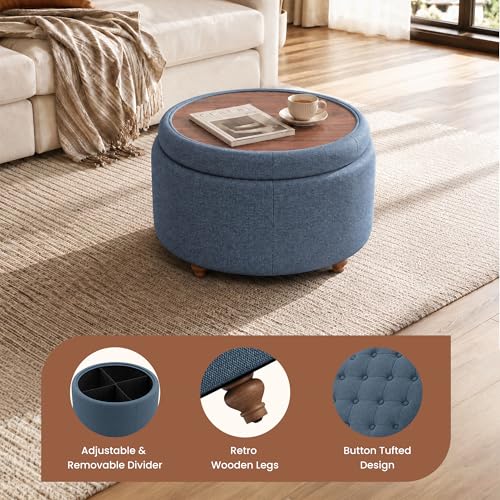 25" Round Ottoman with Storage, Small Coffee Table with Reversible Tray Lid | Tufted Fabric Round Storage Ottoman with Solid Wood Legs, 3-in-1 Footrest for Living Room, Bedroom, Entryway, Blue - color: Blue