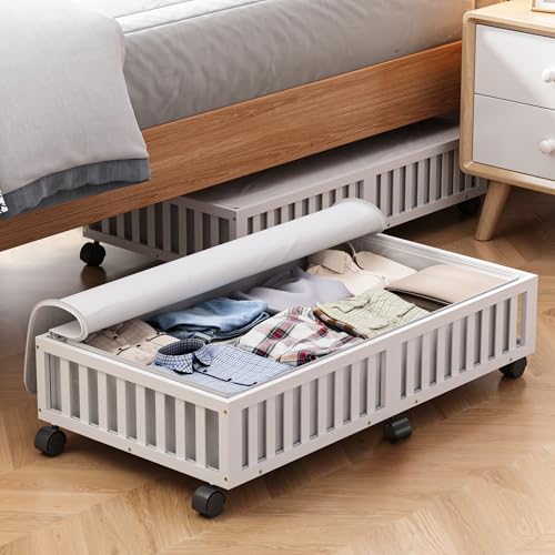 2 Pack Large Bamboo Under Bed Storage Containers with Wheels, White | Underbed Drawer Storage with Bag, Wood Rolling Underbed Organizer for Shoes, Sheets Clothes Blanket Comforter, Under Crib Toy - color: White, size: 2 PCS (33.07"×16.54")